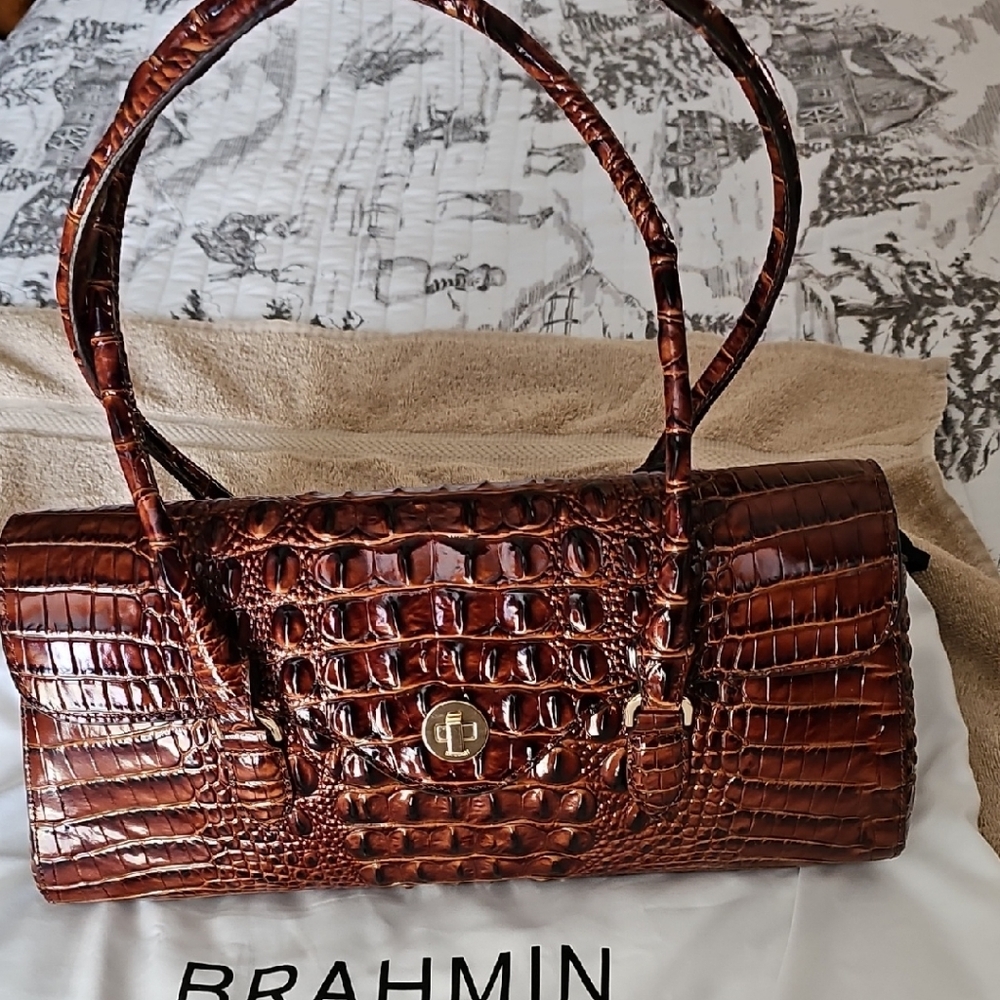 Brahmin Pecan BrownCrocodile Daylan Embossed Shoulder Bag